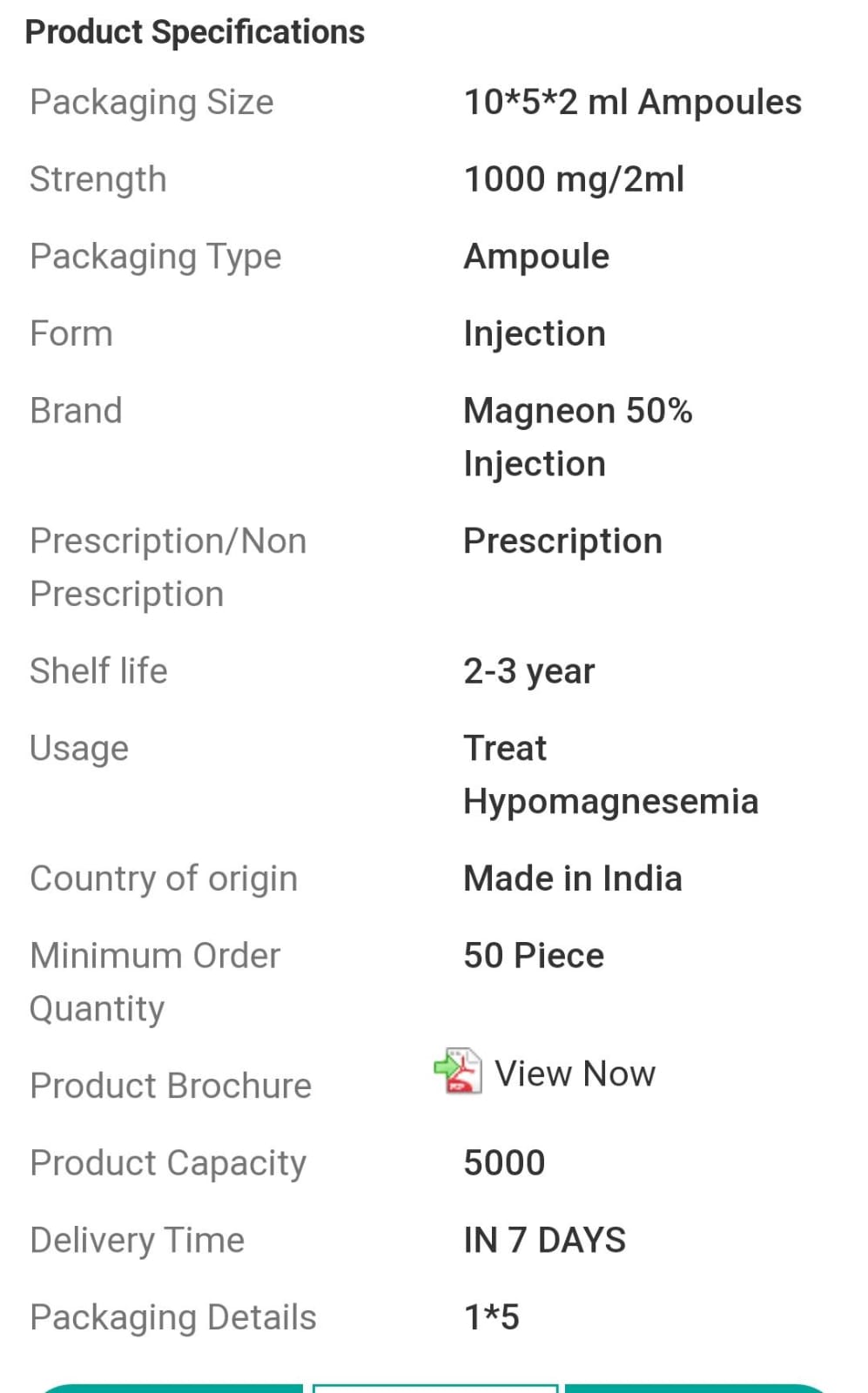 Magnesium Sulphate Injection IM IV 2 mg a vial